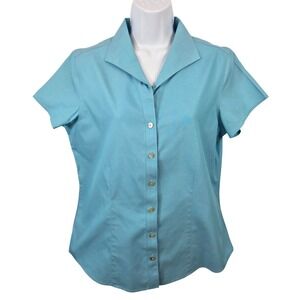 Coldwater Creek Button Up Shirt Womens Medium Aqua Blue Short Sleeve Top M /B170